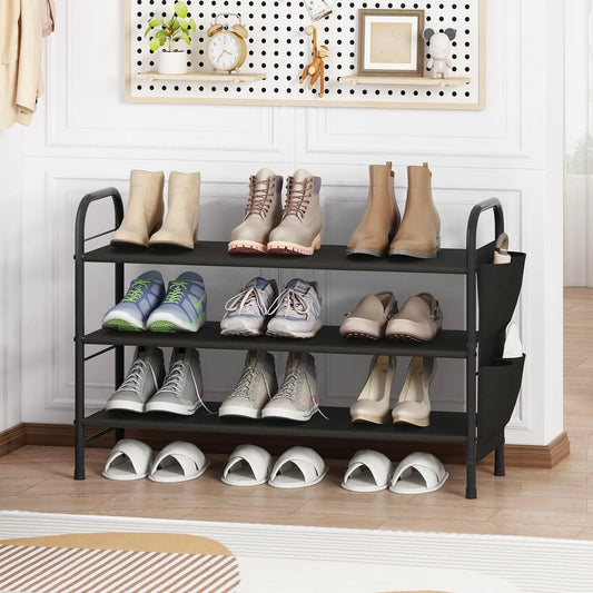 SUOERNUO Stable 4-Tier Vertical Shoe Rack Organizer - Free-Standing Iron + Fabric Shelf with Side Bag, Holds 9-12 Pairs, 10-15 kg Capacity, Bronze Organizer Storage for Entryway Bedroom, Small Room Organization