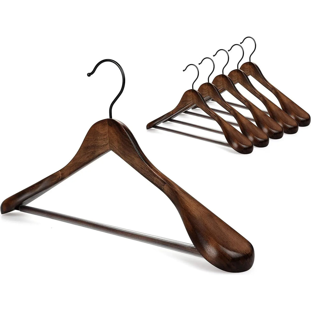 Black Wooden Coat Hanger 6 Pack, Wide Shoulder Wood Suit Hangers with Extra-Thick Flat Hooks & Anti-Slip Pants Bar, Heavy Duty Clothes Hangers,Glossy Finish, Black-CT02H