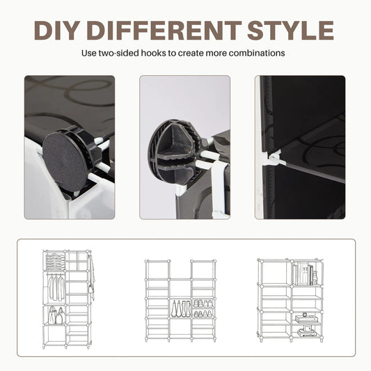 Sweetcrispy Shoe Cabinet Storage Organiser - 6/8-Tier Rack with 24/32 Capacity, Side Hooks, Sturdy Metal Frame, Black & White Plastic Panel Shelves, Closet Organizer, Wardrobe Dorm Room & Apartment Stuff Extended Dorm Storage Solutions