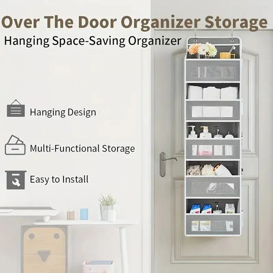 Door Hanging Storage Rack - 5+5 Pockets for Everyday Storage with 5 Large Clear & Mesh Side Pockets for Bedrooms Bathrooms & Food Storage Rooms Grey Organizer Set Installation Hangable 10 - 15 Kg Capacity, Space Saving Organizer, Organizer Storage
