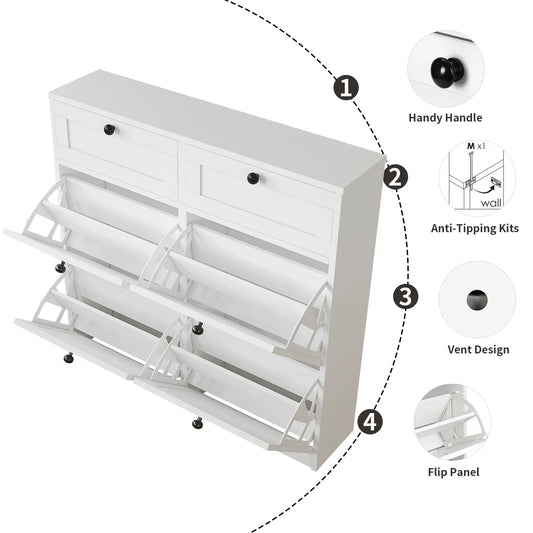 VOWNER Shoe Cabinet with 4 Flip Drawers & 2 Drawers, Freestanding Shoe Storage Cabinet with Adjustable Shelves, Shoe Organizer for Entryway, Hallway, Living Room, White
