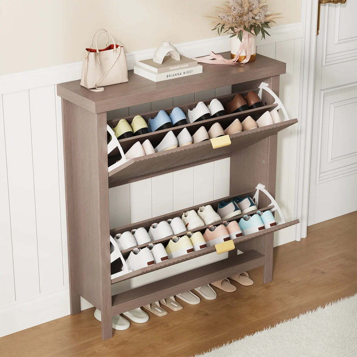 GARVEE 32.3" Narrow Wooden Shoe Storage Cabinet with 2 Flip Drawers - Slim Hidden Shoe Rack Organizer, Wall-Mount Option, Sturdy Base, Tilt-Out Design for Entryway, Small Spaces, Metal