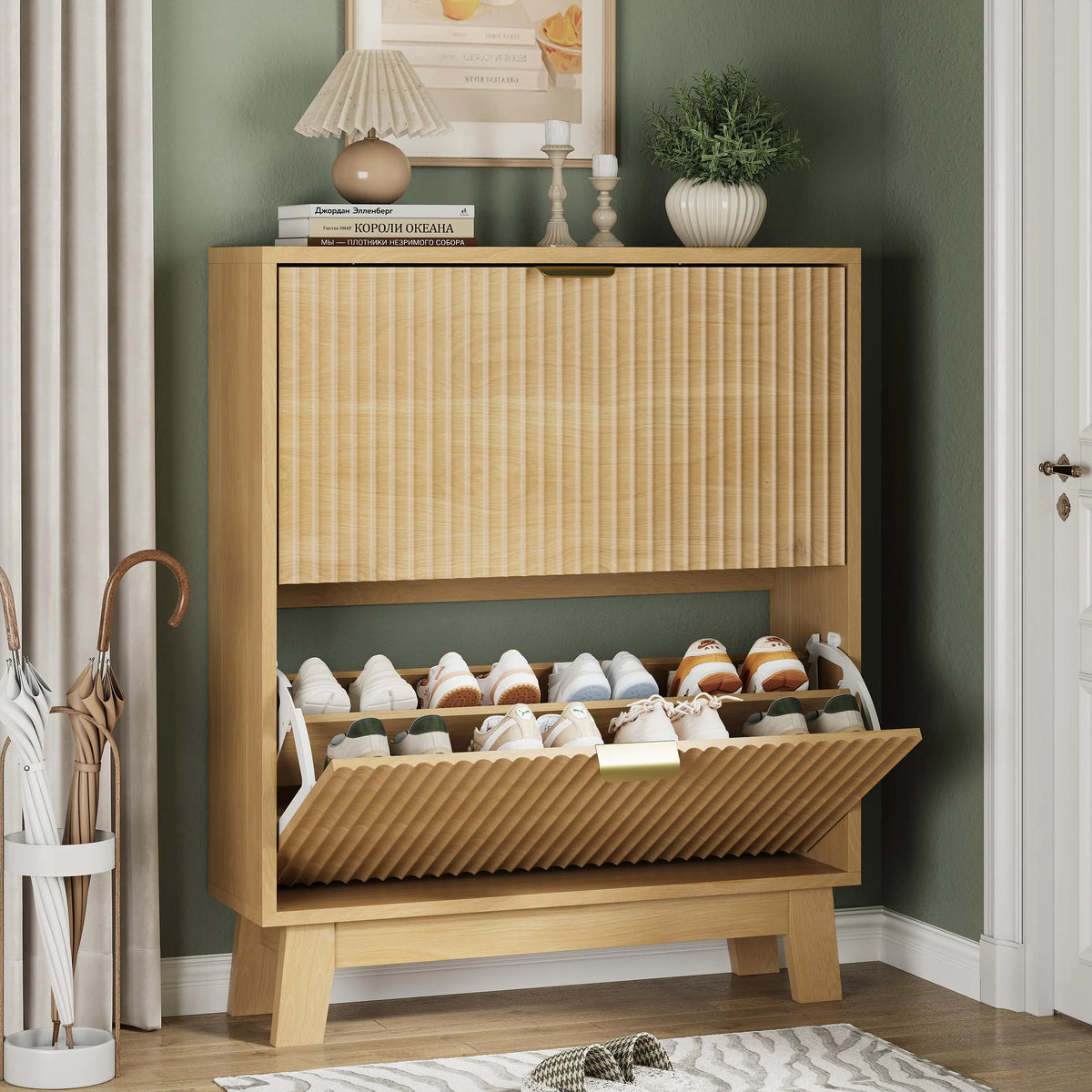 Black Freestanding Fluted Narrow Shoe Cabinet - Shoe Organization, Vertical Storage Solutions, 2 Hidden Flip Drawers, Slim Saves Floor Space, Wooden Legs, 12–16 Pair Hold, for Entryway Front Door, Father's Day Gift Idea