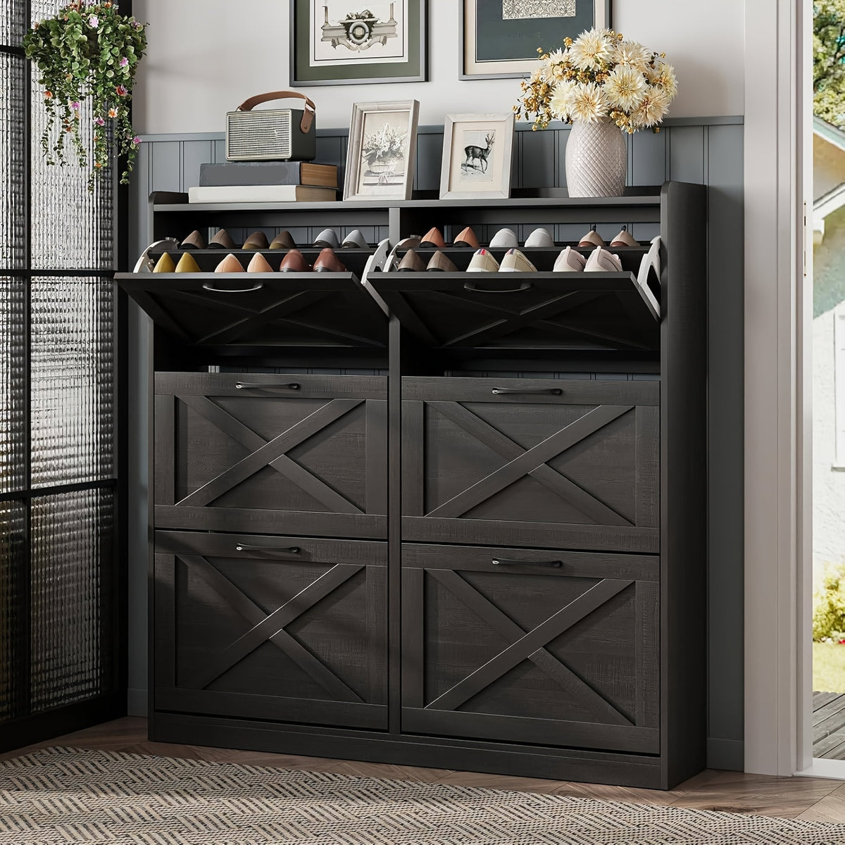 Washed Gray Shoe Storage Cabinet with 6 Flip Drawers | Narrow Freestanding Shoe Cabinet and Shoe Storage Organizer with Metal Handles for Entryway, Large Shoe Rack Organizer, Modern Farmhouse Style, Ideal for Shoe Racks, Made of Particle Board