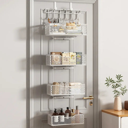 SUOERNUO Over The Door Organizer - Hanging Door Racks with 4 Large-Capacity Metal Baskets, 6 Coat Hooks, Hanger Installation for Bedroom Storage, Apartment Accessories, Organizer Storage Needs