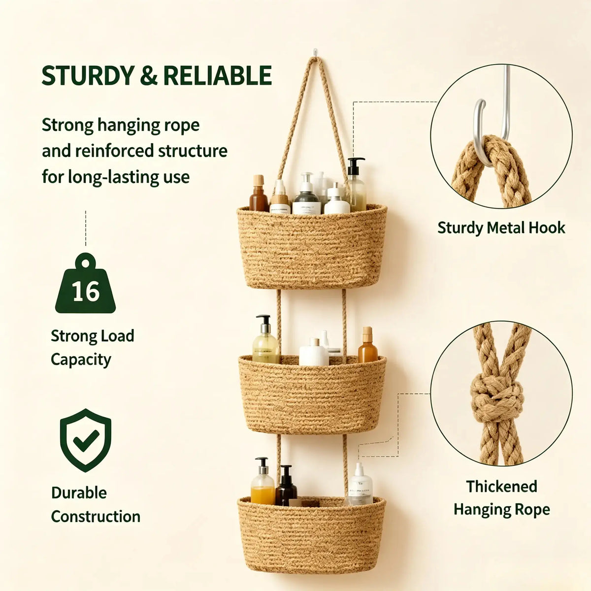 (2026 New)3-Tier Woven Cotton Over-the-Door Hanging Wall Basket, Jute Home Organizer Storage - Woven Cotton Feels Natural, Adds Warm Woven Charm to Any Room, Ideal for Dorm Back-to-School, Baby Wipes & Light Toys Storage, Storage Organizer