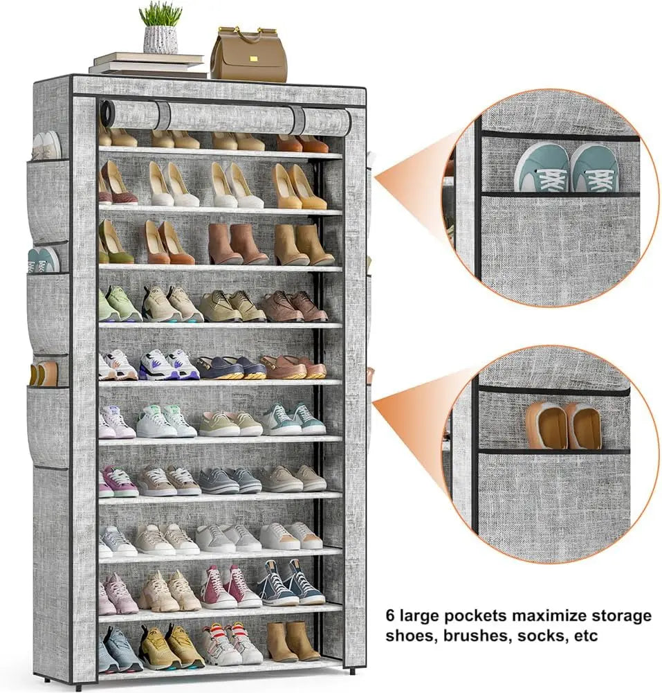 MOMOK 9 Tiers Shoe Rack Organizer, Max Holds 55 Pairs, Metal Shoe Storage, Shelf with Hooks for Entryway, Garage, Black Footwear Organization Closet Shoe Rack