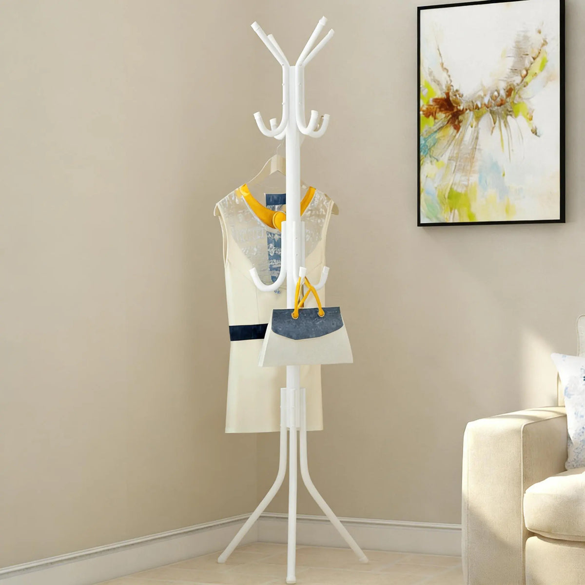 Durable Freestanding Carbon Steel Garment Rack - Compact Yet Spacious Hall Tree with 12 Hooks, Sturdy Triangular Base, Plastic Hat Organizer, Display Stand, Bag Hangers, Quick-Setup Steel Pipes for Dorm, Hallway Home Furniture
