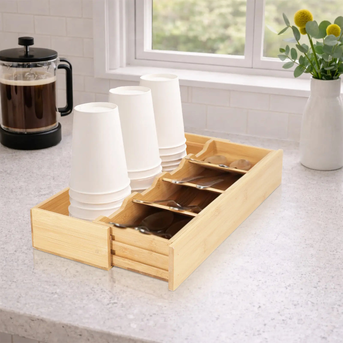 Natural Bamboo Drawer Organizer - Multifunctional Expandable Adjustable Holder, Neat Divider Storage Container Rack, Eco-Friendly Space-Saving Accessory for Kitchen Tools, Cutlery, 16.6in x 5.5in x 2.3in, Divided Container Rack Accessories