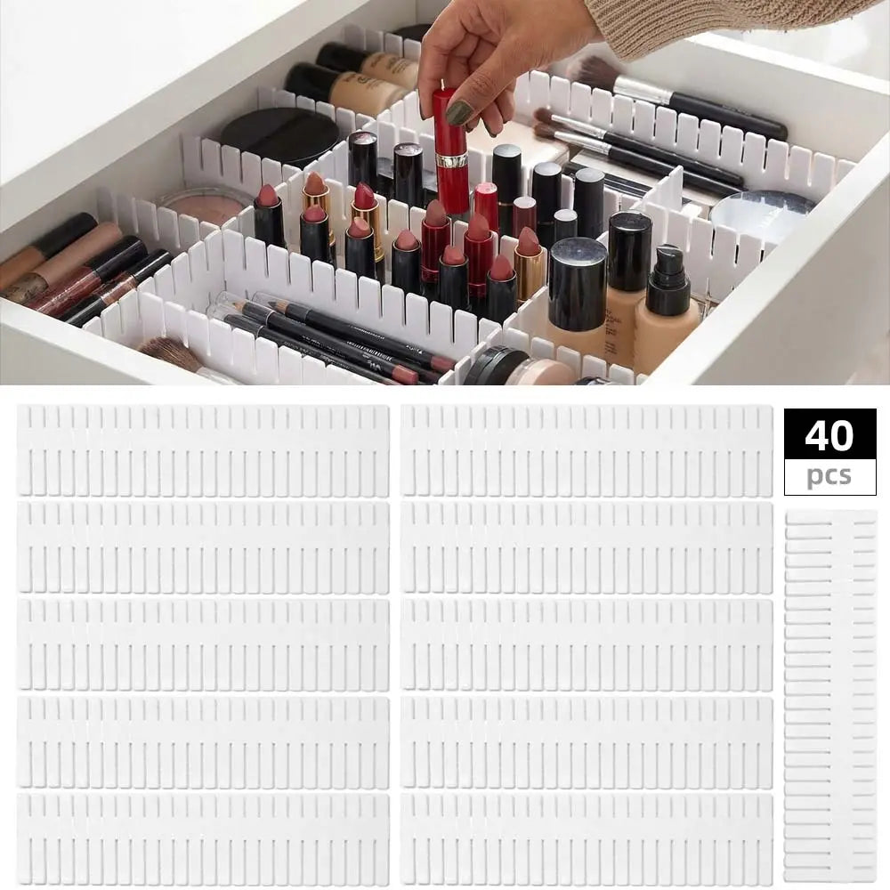 40 PCS White Grid Drawer Dividers (14.5x2.7in) - Durable Adjustable Separators with Divided Compartments, Bedroom Storage, Cosmetic Holder, Office & Dresser Drawer Organizer Storage Space Saver