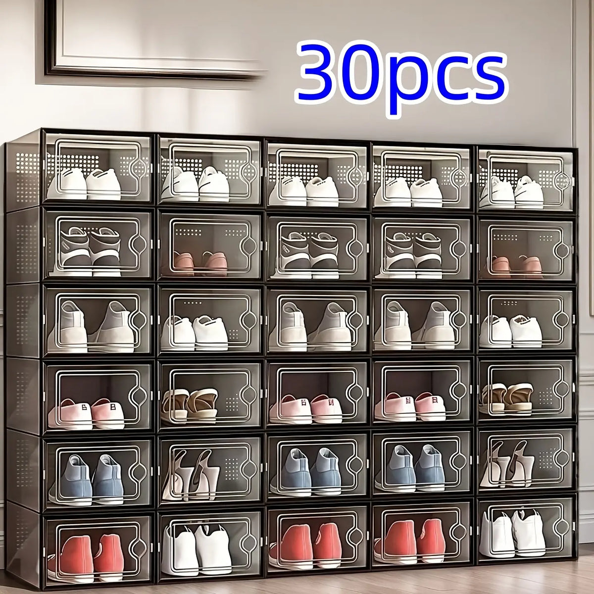 6/12/18/24/30-Pack Stackable BPA-Free Durable Plastic Shoe Storage Boxes - Dustproof, Moisture-Resistant Sneaker Organizer with Magnetic Door, Space-Saving Closet Organizer Storage for Dorm, Entryway, Easily Visible Shoes, Foldable
