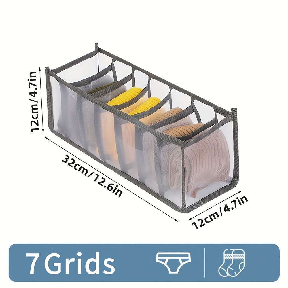 4pcs Set of 7-Compartment Folding Storage Boxes - Non-Woven Fabric Drawer Organizer with Mesh Panel, Suitable for Pants, Underwear, Trousers, and Travel Accessories, Space-Saving Wardrobe Storage Box