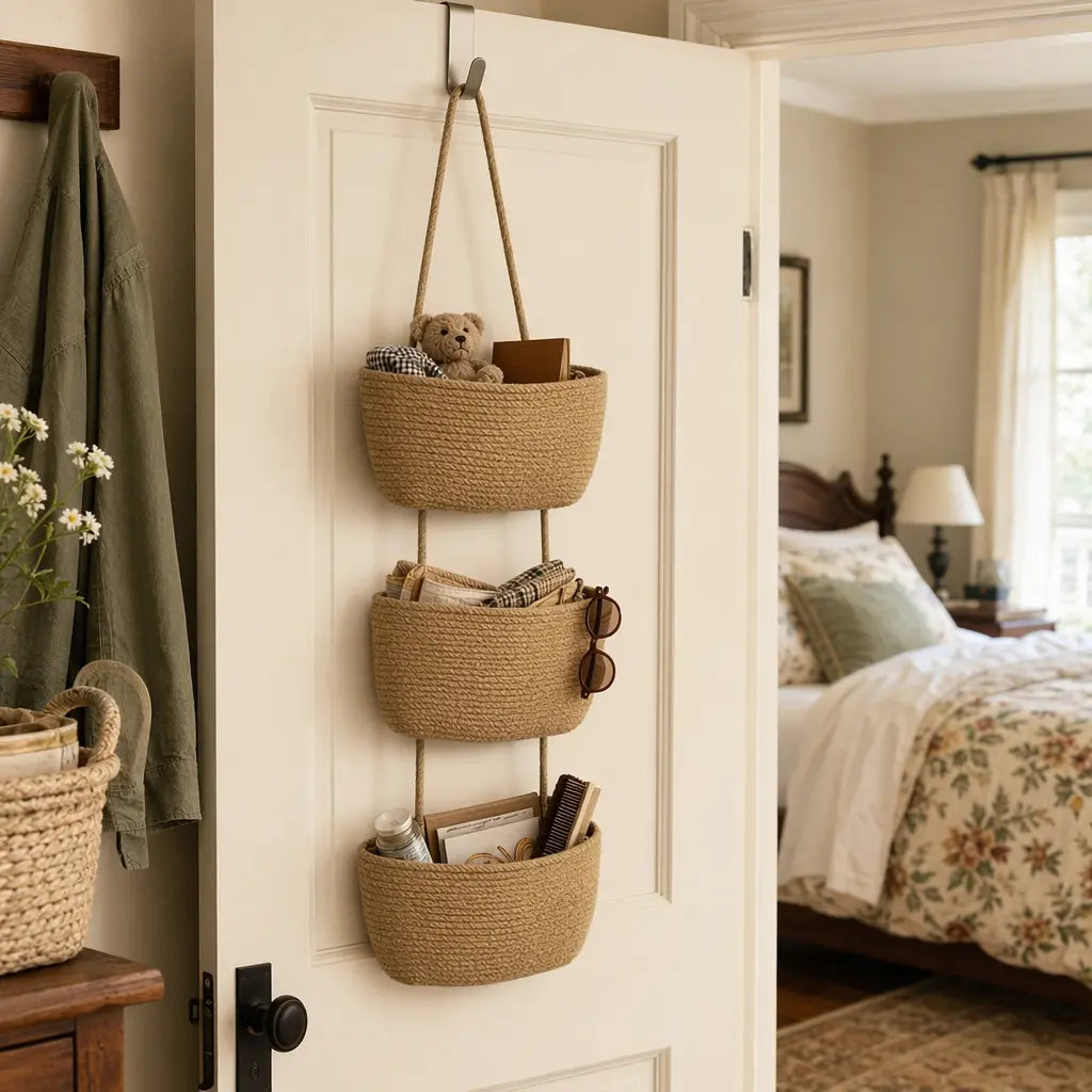 Woven Cotton Hanging Basket - 1-Tier & 3-Tier Options, Over-The-Door & Wall Mounting Home Organizer, Natural Look Home Decor, Floor Space Saver Multifunctional Bathroom Storage Basket