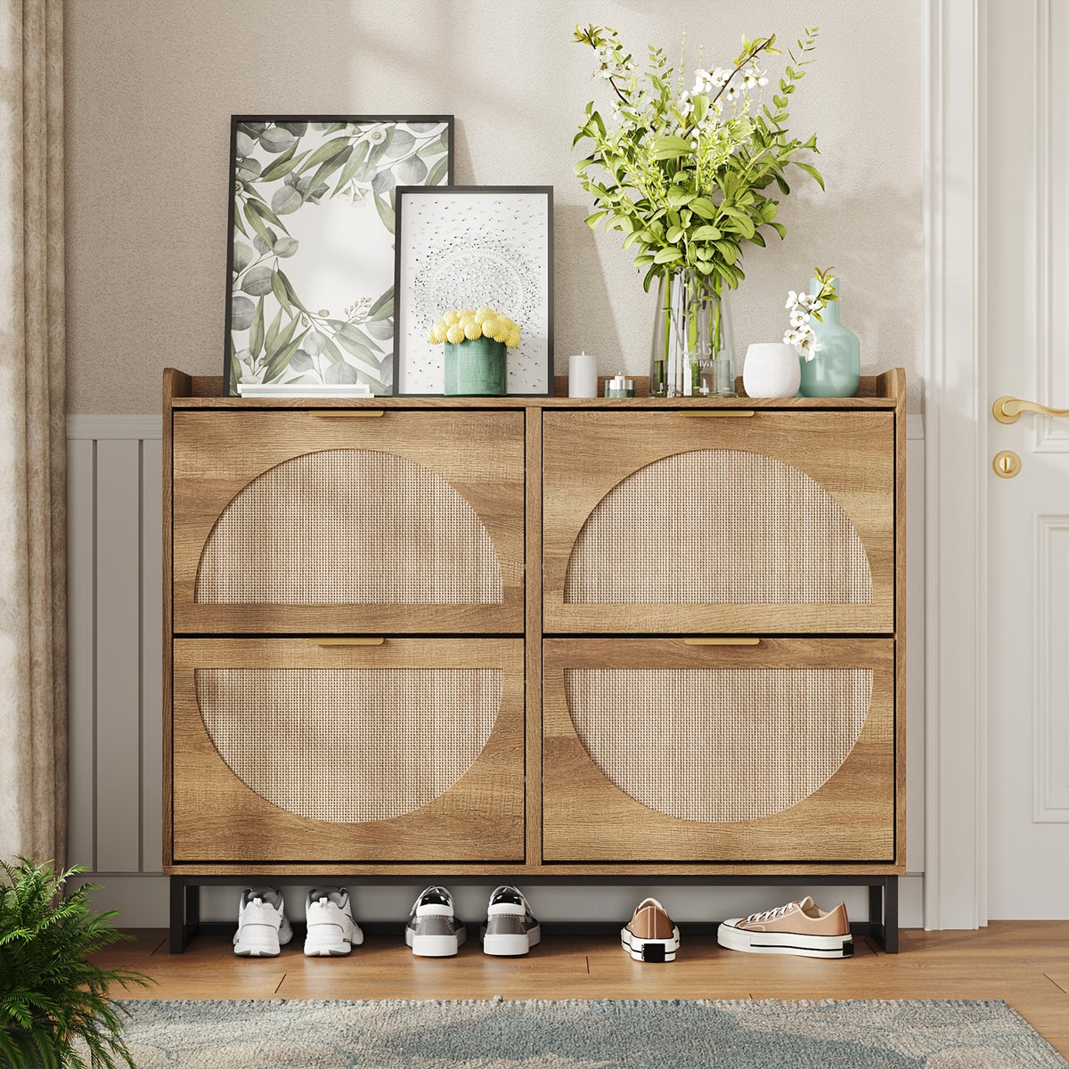 Entryway Rustic Oak Rattan Shoe Storage Cabinet, 2/3/4 Flip Drawers Freestanding Narrow Shoe Organizer, Shoe Rack With Sturdy Metal Legs And Hidden Golden Handles, Space Saving Hidden Footwear Storage Furniture Perfect For Hallway Front Door Home De