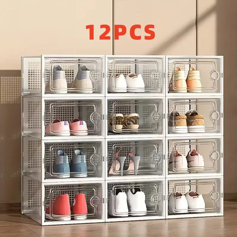 Stackable Shoe Storage Container, Transparent Hard Plastic Box, DIY Easy Assembly, Door Frame, Space Saving, Foldable Multi-Functional, Clear Shoe Boxes, Shoes Storage
