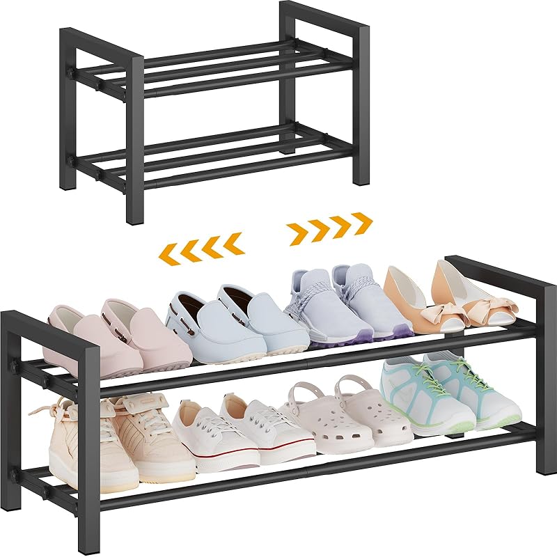 Heavy-Duty Expandable Shoe Rack | 3-Tier Adjustable Metal Shoe Organizer Shelf for Closet, Entryway, Mudroom & Garage - Durable Freestanding Storage, Black