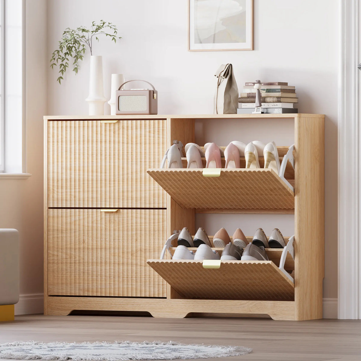 Shoe Cabinet Storage for Entryway with 4 Flip Drawers, Black Fluted Shoe Cabinet with Adjustable Shelves, Wooden Hidden Shoes Rack Freestanding Narrow Slim Shoes Storage for Hallway, Entrance ,dorm essentials,home decor
