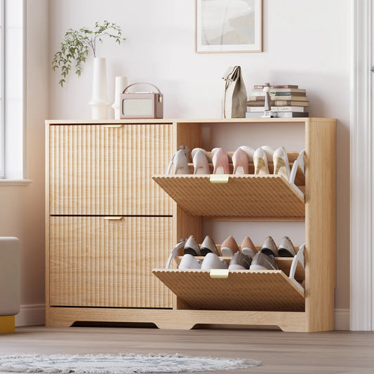 Shoe Cabinet Storage for Entryway with 4 Flip Drawers, Black Fluted Shoe Cabinet with Adjustable Shelves, Wooden Hidden Shoes Rack Freestanding Narrow Slim Shoes Storage for Hallway, Entrance ,dorm essentials,home decor