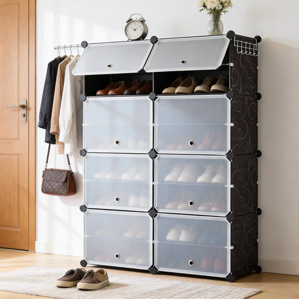 Sweetcrispy Shoe Cabinet Storage Organiser - 6/8-Tier Rack with 24/32 Capacity, Side Hooks, Sturdy Metal Frame, Black & White Plastic Panel Shelves, Closet Organizer, Wardrobe Dorm Room & Apartment Stuff Extended Dorm Storage Solutions