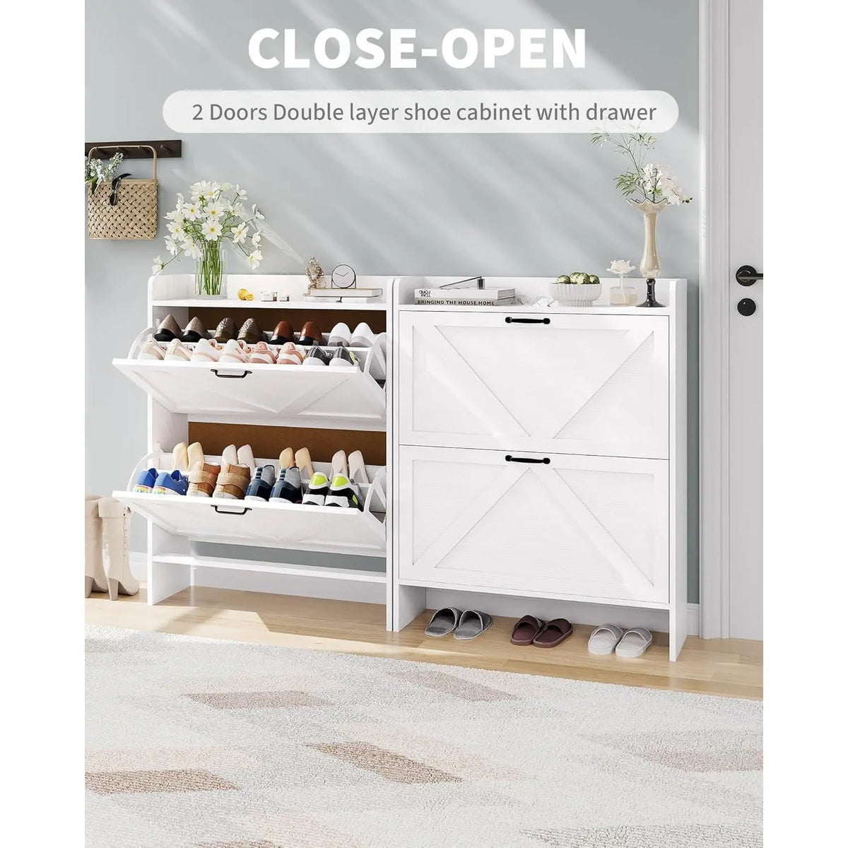 Slim Narrow Shoe Cabinet with 2 Turn over Drawers – Hidden Large Capacity Storage Organizer for Entryway or Hallway – Adjustable Shelf, Dustproof Freestanding Design, Sturdy MDF & Metal Legs, Modern Farmhouse & Industrial Style, Anti-Tip – Black or White