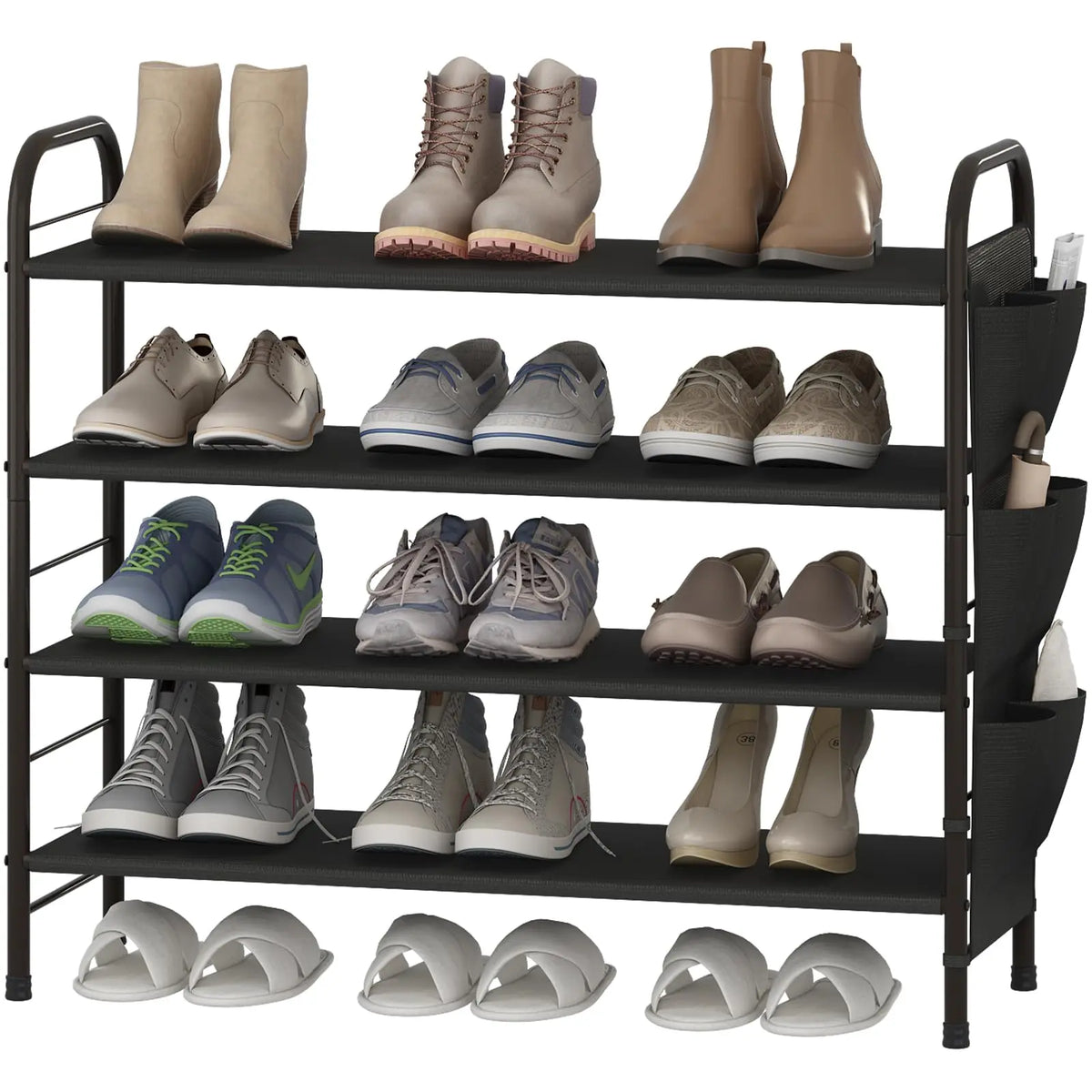 SUOERNUO Stable 4-Tier Vertical Shoe Rack Organizer - Free-Standing Iron + Fabric Shelf with Side Bag, Holds 9-12 Pairs, 10-15 kg Capacity, Bronze Organizer Storage for Entryway Bedroom, Small Room Organization