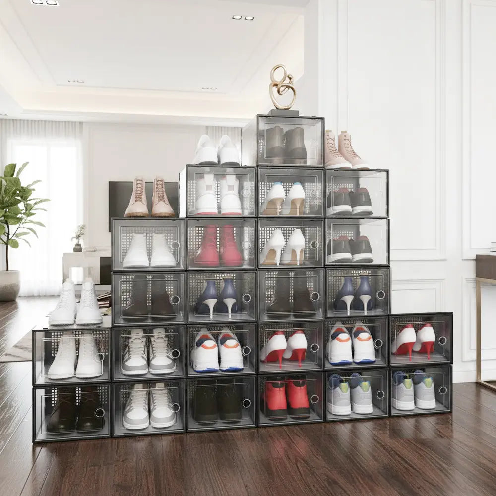 Stackable Shoe Storage Container, Transparent Hard Plastic Box, DIY Easy Assembly, Door Frame, Space Saving, Foldable Multi-Functional, Clear Shoe Boxes, Shoes Storage