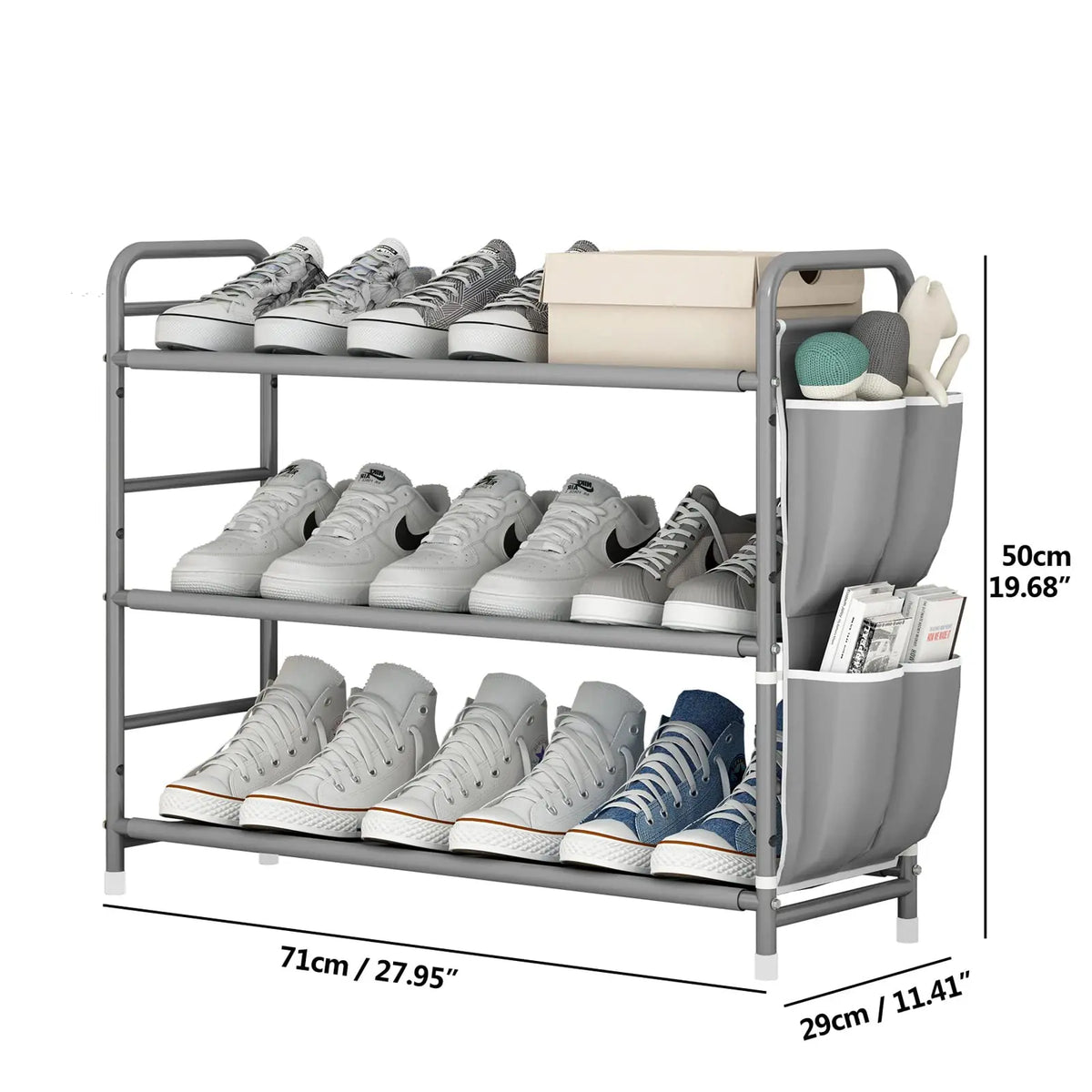 SUOERNUO Stable 4-Tier Vertical Shoe Rack Organizer - Free-Standing Iron + Fabric Shelf with Side Bag, Holds 9-12 Pairs, 10-15 kg Capacity, Bronze Organizer Storage for Entryway Bedroom, Small Room Organization