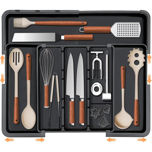 【SUHOPE】Summer Super Deal Utensil Drawer Organizer Tool Organizer Expandable Silverware Organizer for Kitchen Drawer Adjustable Cooking Utensil Holder Cutlery Flatware Tray Spatula Tools Gadgets Storage Dividers Plastic Black