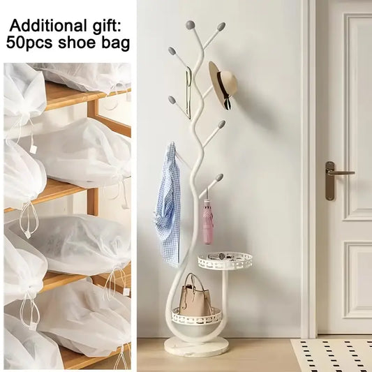 Elegant Freestanding Metal Clothes Rack with Shelf - Multifunctional Vertical Garment Organizer, Mobile Design for Home Organization - Ideal for Coats, Hats, Scarves & More