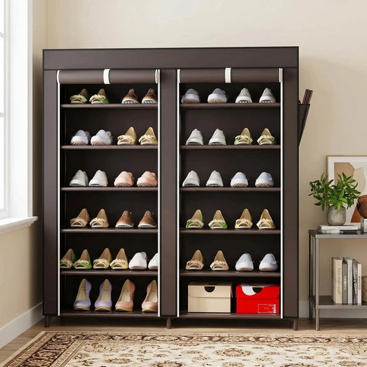 SUOERNUO Smooth 6-Tier Expandable Shoe Storage Organizer, 24-36 Pairs Capacity, Waterproof Metal Frame, Non-Woven Dust Cover, Side Pockets, Easy Installation, Portable Design for Wardrobe Dorm Room, Room Accessories (Multicolor), 6-Tier/2 Rows