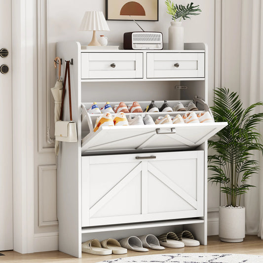 Shoe Storage Cabinet for Entryway, Farmhouse Narrow Shoe Cabinet with 2 Flip Drawers & Top Drawers, Adjustable Shelves & Hooks, Freestanding Hidden Rack Organizer for Hallway, Foyer Footwear Organization fathers day gift ideas,dorm essentials,home decor