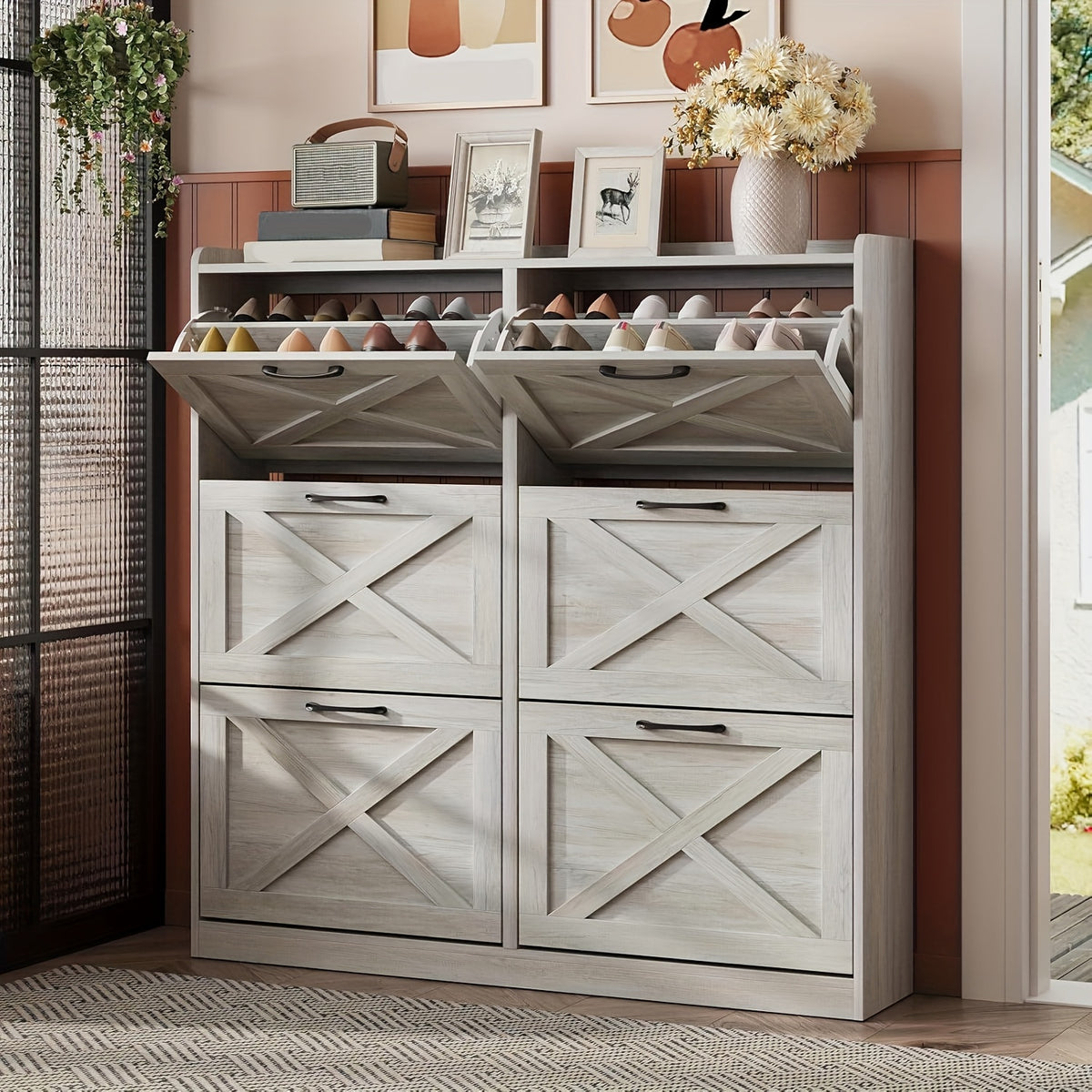 Washed Gray Shoe Storage Cabinet with 6 Flip Drawers | Narrow Freestanding Shoe Cabinet and Shoe Storage Organizer with Metal Handles for Entryway, Large Shoe Rack Organizer, Modern Farmhouse Style, Ideal for Shoe Racks, Made of Particle Board