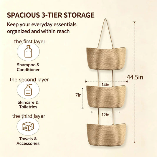 （2026 New）3-Tier Woven Cotton Over-the-Door Hanging Wall Basket, Jute Home Organizer Storage - Woven Cotton Feels Natural, Adds Warm Woven Charm to Any Room, Ideal for Dorm Back-to-School, Baby Wipes & Light Toys Storage, Storage Organizer