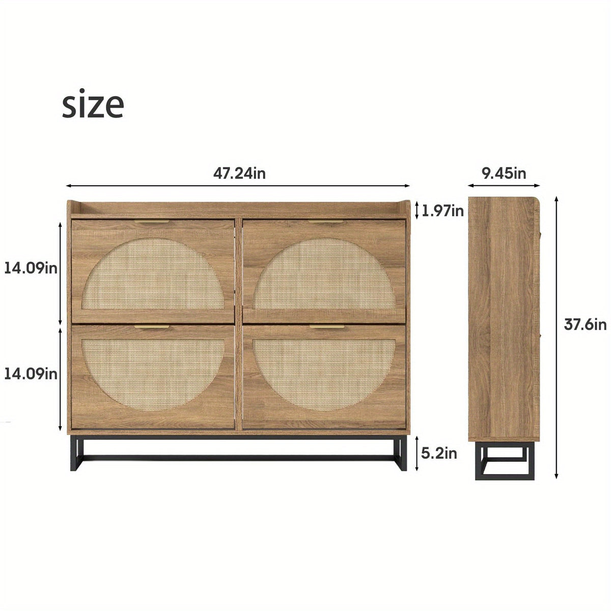 Entryway Rustic Oak Rattan Shoe Storage Cabinet, 2/3/4 Flip Drawers Freestanding Narrow Shoe Organizer, Shoe Rack With Sturdy Metal Legs And Hidden Golden Handles, Space Saving Hidden Footwear Storage Furniture Perfect For Hallway Front Door Home De
