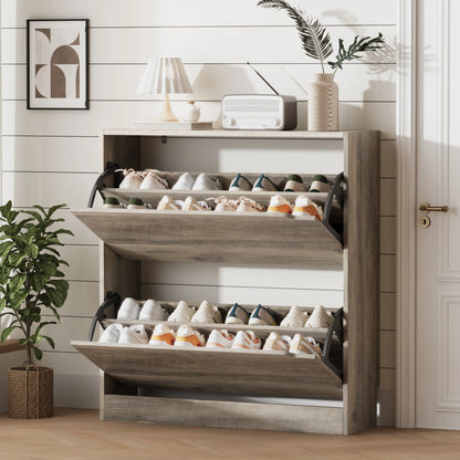 Shoe Storage Cabinet for Entryway with 2 Flip Drawers, Sturdy Wood Hidden Shoe Storage, Freestanding Narrow Slim Shoe Organizer for Front Door Entrance, Living Room, Hallway, Bedroom, Grey  Natural Finish fathers day gift ideas