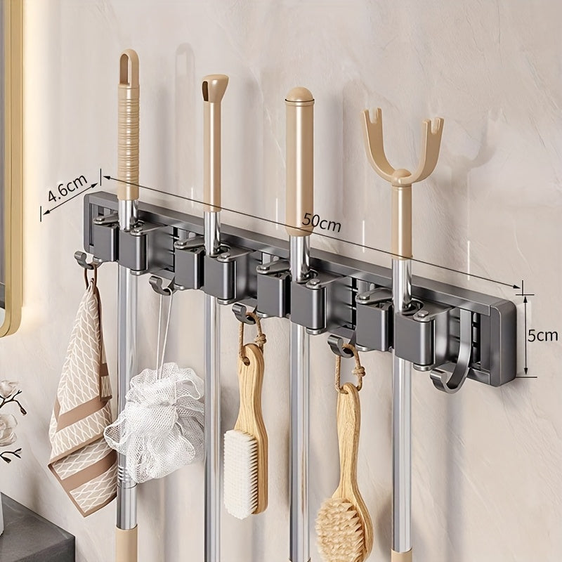 [Heavy-duty Adjustable Metal Mop Holder] Heavy-duty Golden Metal Mop And Broom Holder with Adjustable Hooks - Wall-mounted Organizer for Home, Kitchen, Garden, Laundry Room, Garage - Durable Tool And Equipment Storage Solution, Rack