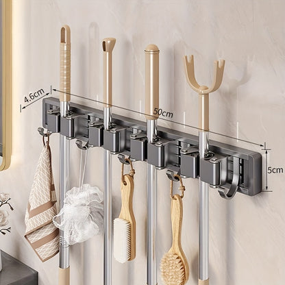 [Heavy-duty Adjustable Metal Mop Holder] Heavy-duty Golden Metal Mop And Broom Holder with Adjustable Hooks - Wall-mounted Organizer for Home, Kitchen, Garden, Laundry Room, Garage - Durable Tool And Equipment Storage Solution, Rack
