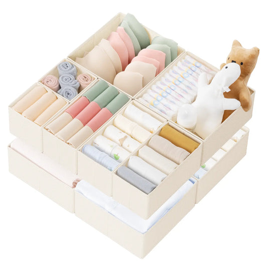 Criusia 10-Pack Plastic Foldable Square Drawer Organizer Bins Set - Collapsible Storage Bins with Divided Compartments, Multi-Size Stackable, Heavy Boards, Clothes Organiser for Nursery Organization,dorm essentials,home decor