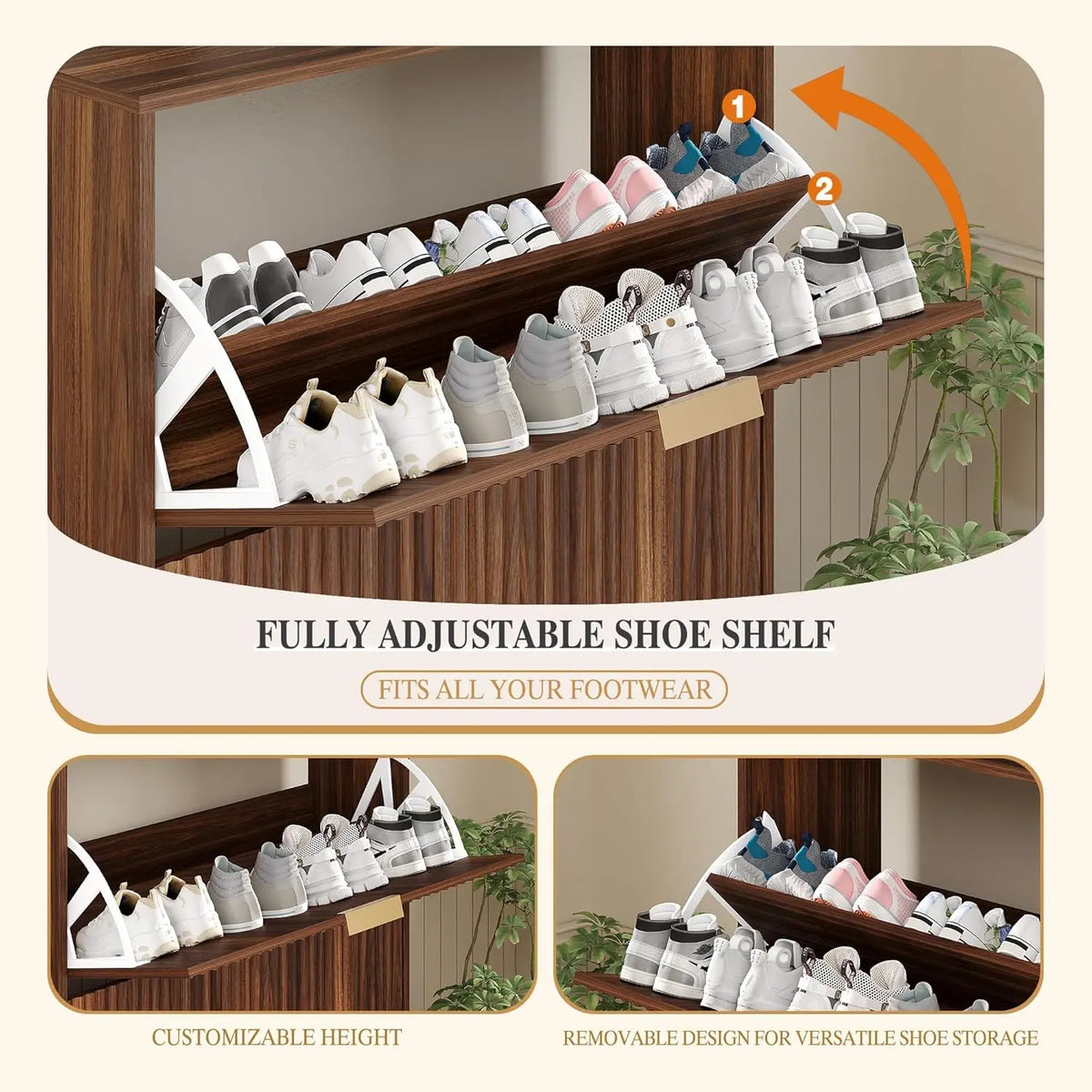 Slim Fluted Shoe Storage Cabinet, 2 Flip Drawers Shoe Rack Cabinet with Open Storage, Wooden Hidden Shoe Organizer Freestanding Narrow for Hallway, Entrance & Foyer