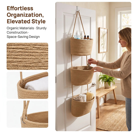 Woven Cotton 3-Tier Over-The-Door Hangable Storage Baskets - Multifunctional Organizing Home Organizer, Decorative Bathroom Organizer, Apartment Accessories for Beauty Essentials(11in)-YY2