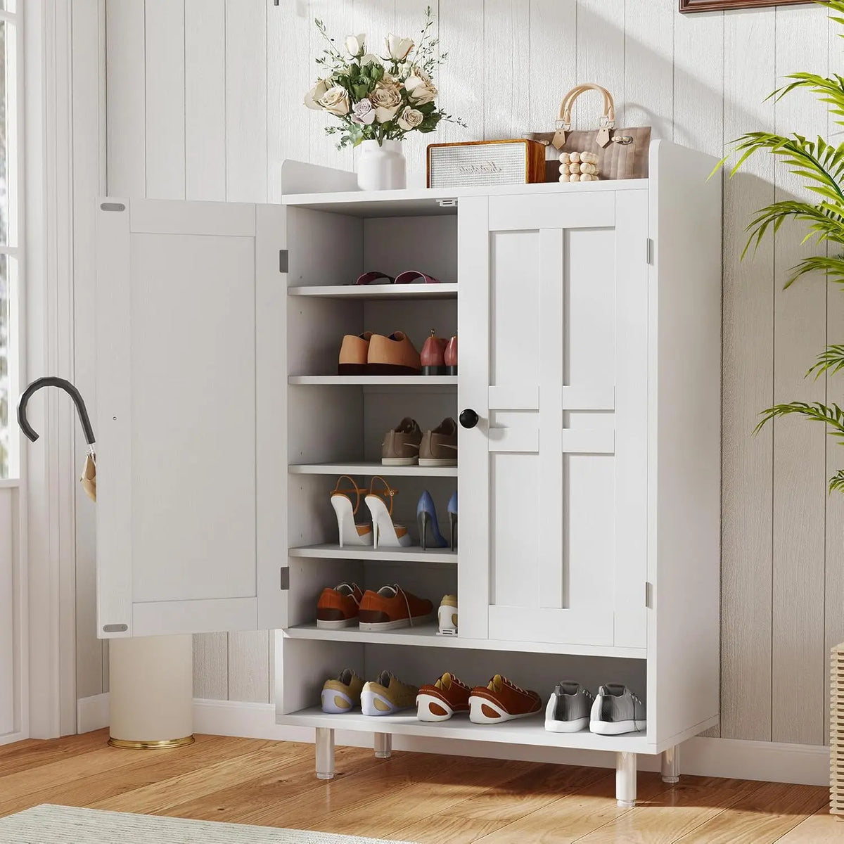 Farmhouse Shoe Cabinet with Doors, 6-Tier Wooden Shoe Organizer with Adjustable Shelves, Entryway Storage Cabinet with Metal Legs, Rustic Shoe Storage for Entryway or Living Room
