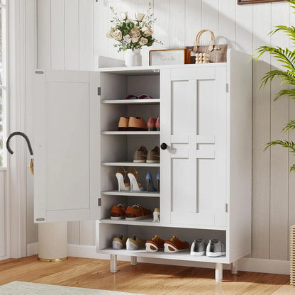 Farmhouse Shoe Cabinet with Doors, 6-Tier Wooden Shoe Organizer with Adjustable Shelves, Entryway Storage Cabinet with Metal Legs, Rustic Shoe Storage for Entryway or Living Room