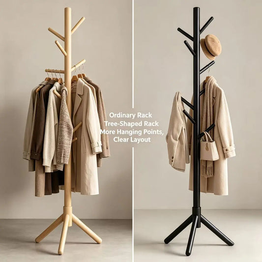 Solid Wood Tree-Shaped Freestanding Coat Rack, 8 Multi-Hooks, Sturdy Tripod Base, Easy Assembly, Space-Saving Coat Storage Floor Organizer for Hats, Scarves, 3 Color Options