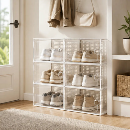 Stackable Plastic Shoe Storage Boxes with Front Flip-Top Design, Black/White Frame, Dustproof Sneaker Display