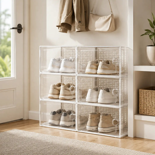 Stackable Plastic Shoe Storage Boxes with Front Flip-Top Design, Black/White Frame, Dustproof Sneaker Display