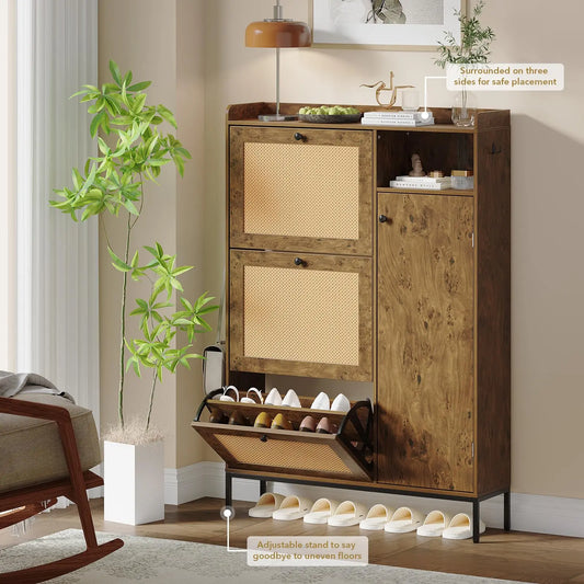 GARVEERattan Shoe Cabinet with 3 Flip-Up Doors and 4 Open Shelves, Natural Woven Storage Organizer for Entryway, Hallway, or Living Room, Holds 18-24 Pairs of Shoes