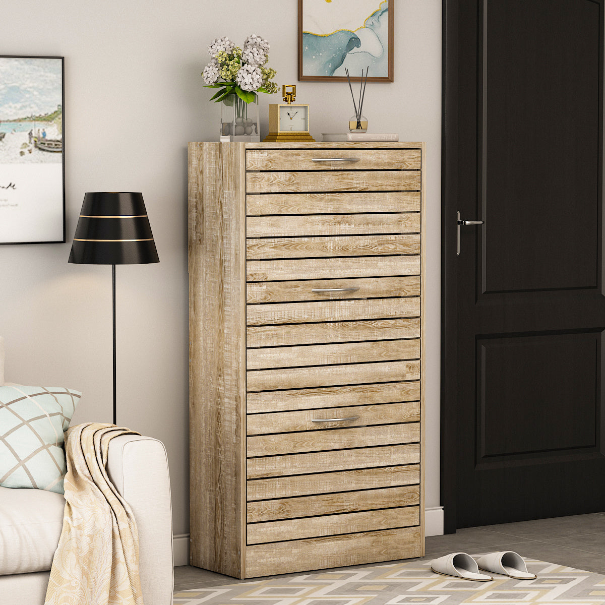 Modern 3-Tier Shoe Storage Cabinet with 3 Flip-Down Drawers & Ventilated Louver Doors - Hardwood MDF Entryway Organizer, Space-Saving Design for Hallway, Living Room, Bedroom - Easy Assembly, Large Capacity Shoe Rack, Shoe Storage Box, Hallway Organizer,