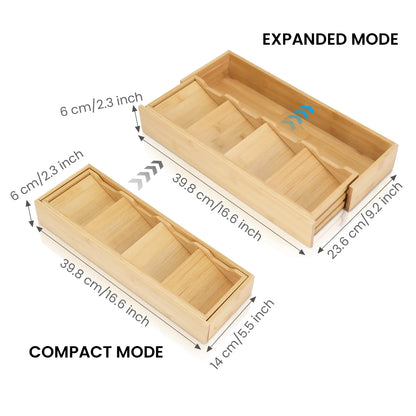 Natural Bamboo Drawer Organizer - Multifunctional Expandable Adjustable Holder, Neat Divider Storage Container Rack, Eco-Friendly Space-Saving Accessory for Kitchen Tools, Cutlery, 16.6in x 5.5in x 2.3in, Divided Container Rack Accessories