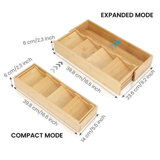 Natural Bamboo Drawer Organizer - Multifunctional Expandable Adjustable Holder, Neat Divider Storage Container Rack, Eco-Friendly Space-Saving Accessory for Kitchen Tools, Cutlery, 16.6in x 5.5in x 2.3in, Divided Container Rack Accessories