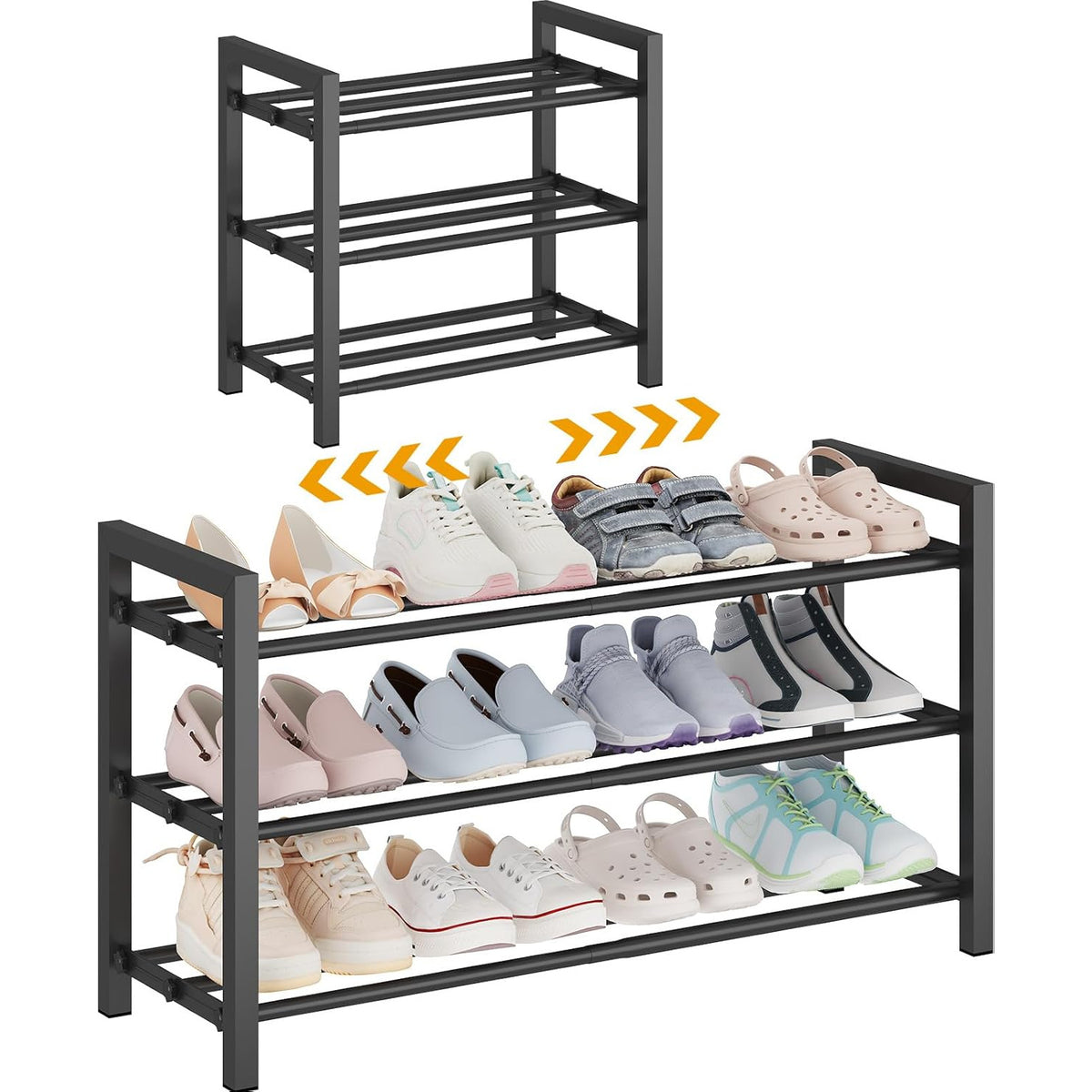 Heavy-Duty Expandable Shoe Rack | 3-Tier Adjustable Metal Shoe Organizer Shelf for Closet, Entryway, Mudroom & Garage - Durable Freestanding Storage, Black